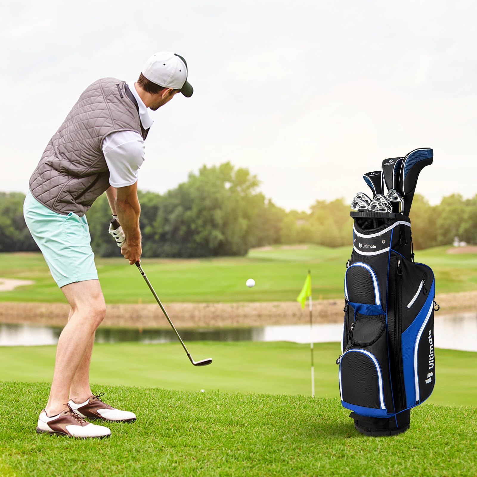 GOPLUS Sac de Golf, Sac de Club de Golf Léger avec Séparateurs à 14 Compartiments, Sac Isotherme, 2 Poches Étanches, Capuche de Pluie Amovible, Porte-Parapluie et Poignées de Transport