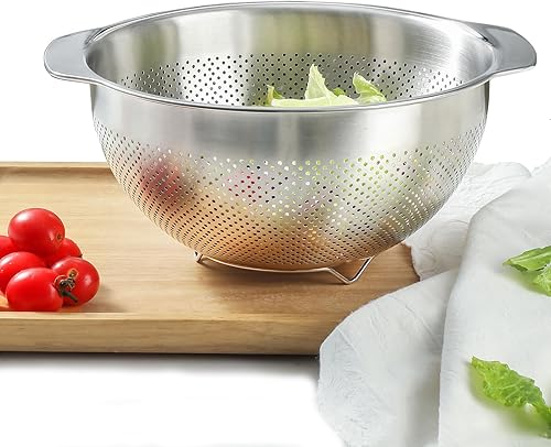 Colador de micropozos de acero inoxidable 188, gran capacidad de 2.5 cuartos de galón con asa, cesta coladora de alimentos de cocina para lavar
