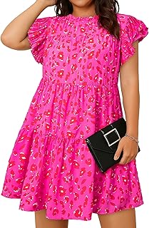 Womens Plus Size Dress Leopard Printed Crewneck Ruffle Sleeve Flowy Mini Dresses(1X-5X) - Buy now
