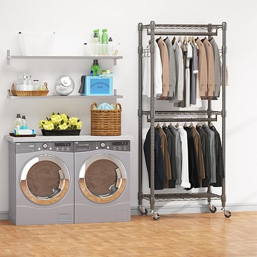 Vista 31 de Perchero de ropa resistente, perchero ajustable con estantes, armario independiente, 1 barra para colgar ropa, 3 estantes de alambre cansados, 4