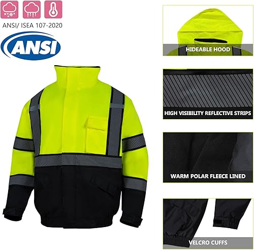Miniatura 10 de Hi Vis - Chaquetas de invierno reflectantes de seguridad para hombre, forro polar, chaqueta de alta visibilidad ANSI Clase 3 (amarillo, M)