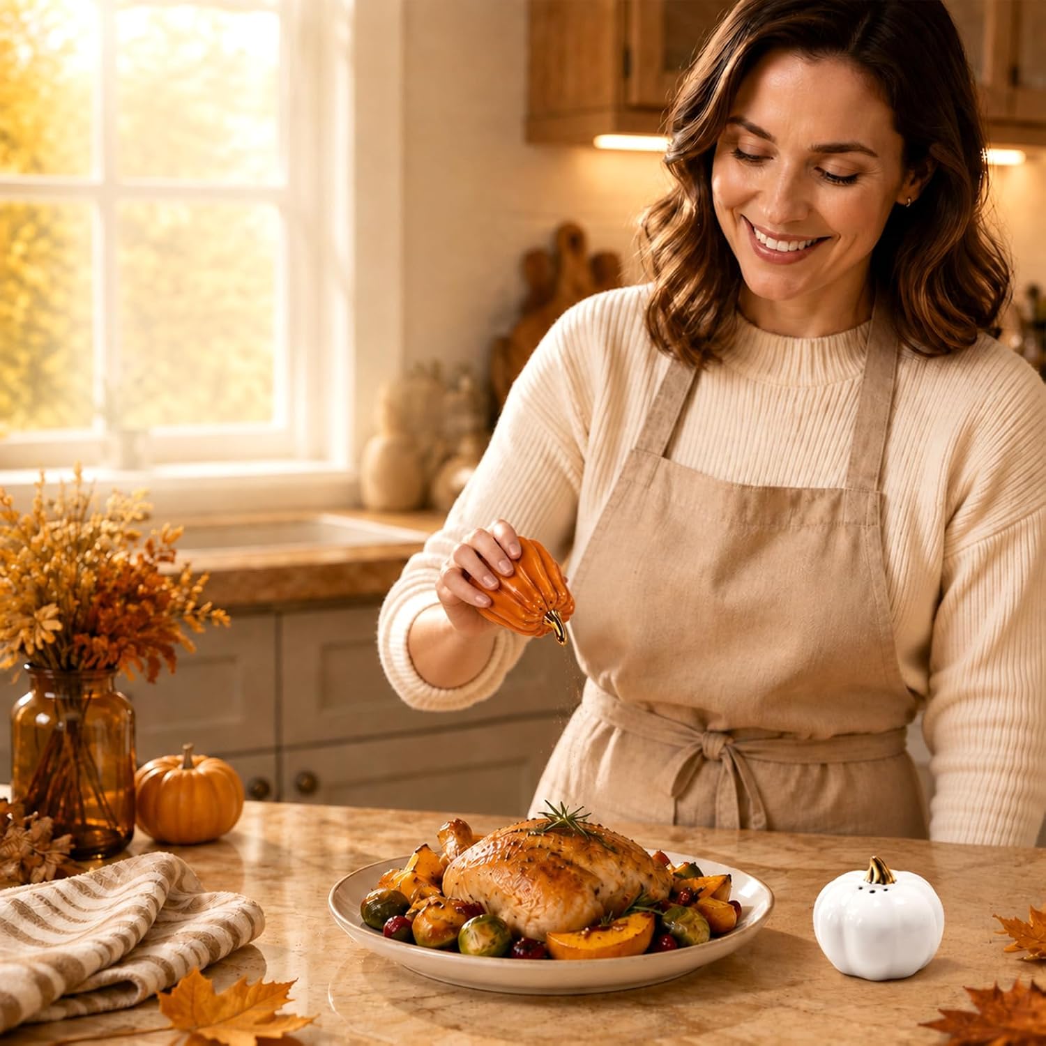 FYSUIMU Mini Pumpkin Salt and Pepper Shakers, White Orange, Ceramic, 2Pcs