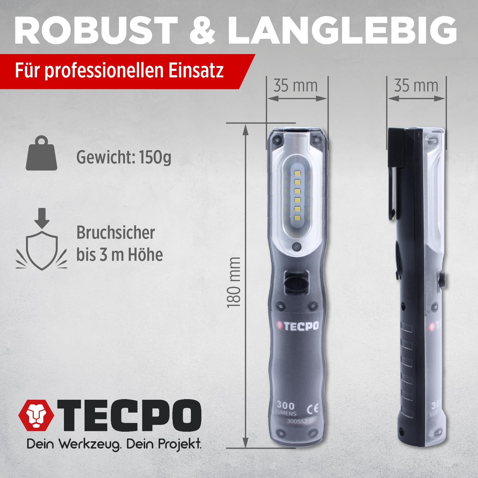 TECPO 2x Werkstattlampe Akku Handlampe 300 Lumen LED Arbeitsleuchte Stablampe IP54 Leuchte Lampe