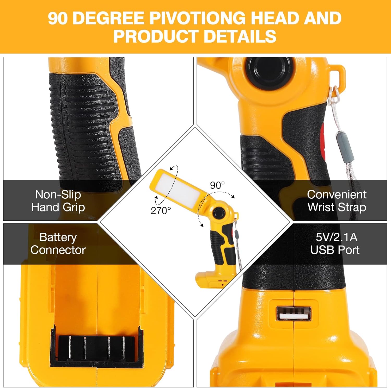 YEX-BUR Led Work Light for Dewalt 20v Battery, 12W 1000LM Cordless Handheld Spotlight with USB Port LED Jobsite Light Desk Lamp Flashlight for Camping Workshop Garage