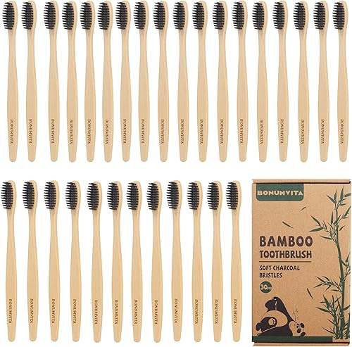 Cepillo de dientes de bambú natural con mango de bambú y cerdas suaves sin BPA, cepillo de dientes limpia bien tus dientes, 30 unidades en caja de