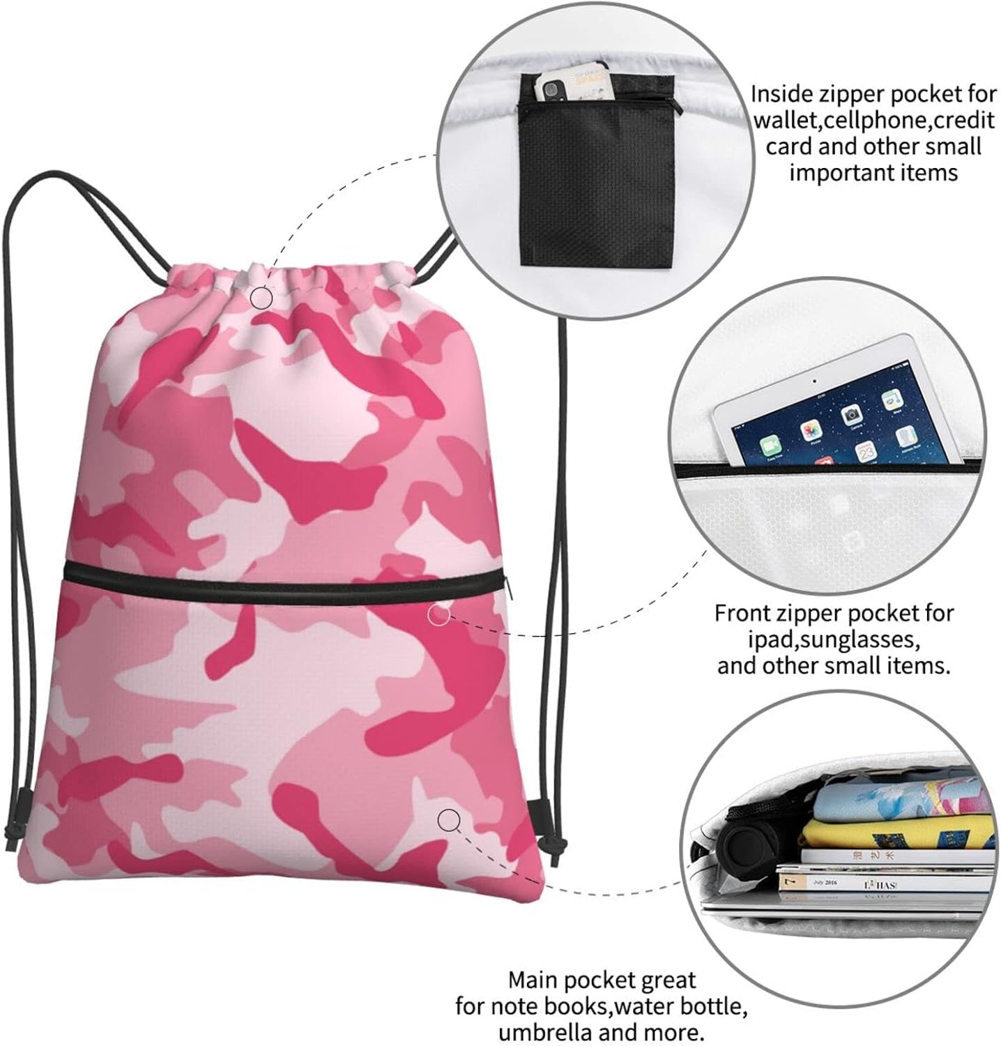 Famame Abstract Camouflage Pink Drawstring Backpack String Bag Sackpack For Gym Shopping Beach Sport Yoga