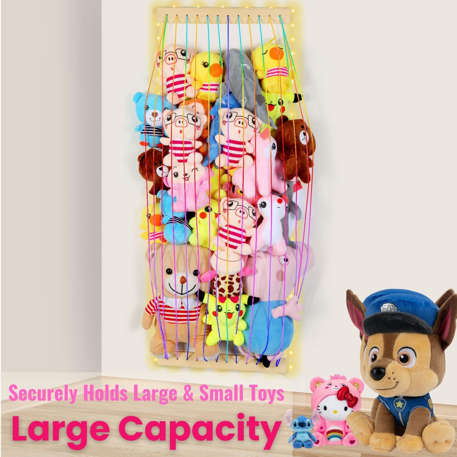 Stuffed Animal Storage Wood Soft Toy Storage for Kids Room，Wall Mount Door Hanging Stuffed Animal Toy Organizer Shelf for Nursery Play Room White with LED Coil -Patent