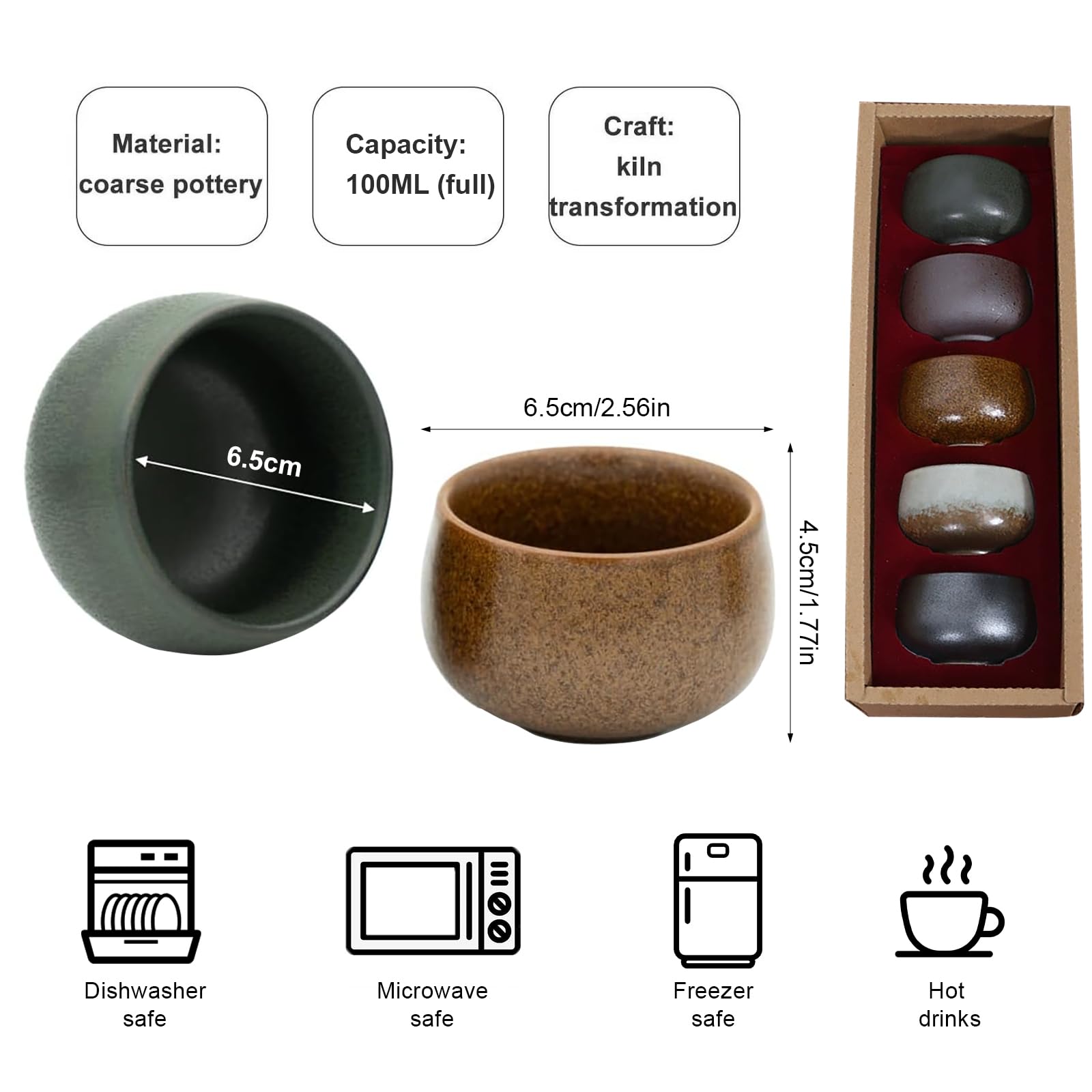 Bogoo Espressotassen Set – 5 Keramik-Tassen Mit Japanischem 'Relax' Schriftzug, 100 Ml – In Geschenkbox Für Kaffeeliebhaber