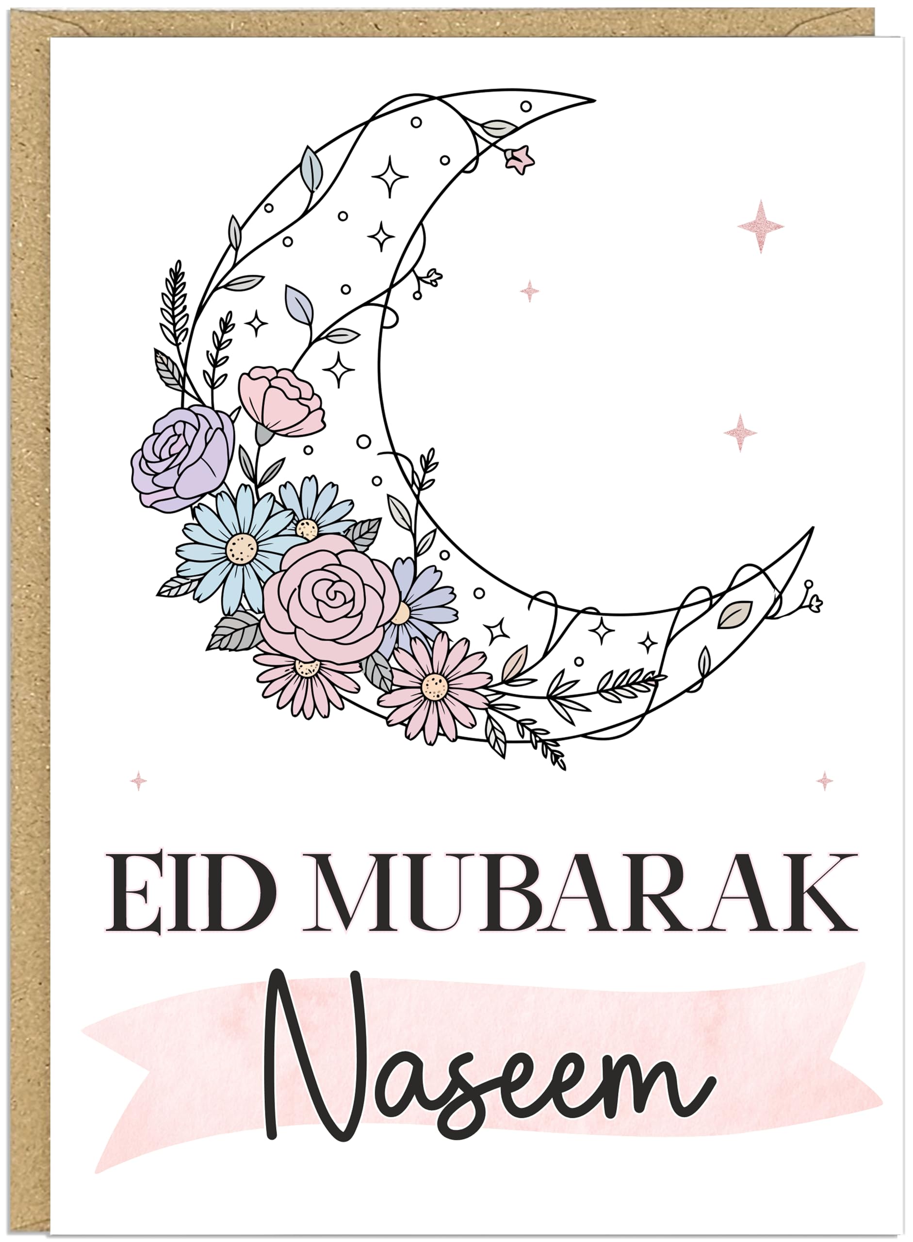 Islamic Eid al-Fitr Celebration Card | Personalised Floral Moon Designs | Custom Add Own Name Eid Mubarak Greeting Cards | Arabic Muslim Family Keepsake Gift (White & Pastel)