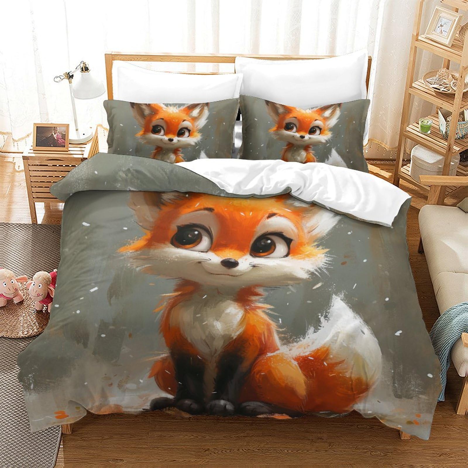 Housse de couette renard 3D 200x200 cm avec ses deux taies d'oreiller en microfibre