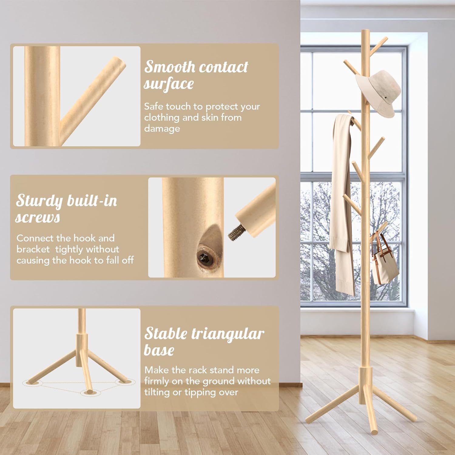 Wooden Coat Rack Freestanding with 8 Hooks,Easy Assembly New Zealand Pine Tree Coat Racks, 3 Adjustable Sizes for Clothes, Hats, Bags, for Entryway, Hallway, Bedroom, Office (Natural, 1 PC)