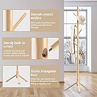 Vista 5 de Perchero de madera independiente con 8 ganchos, fácil montaje, percheros de pino de Nueva Zelanda, 3 tamaños ajustables para ropa, sombreros