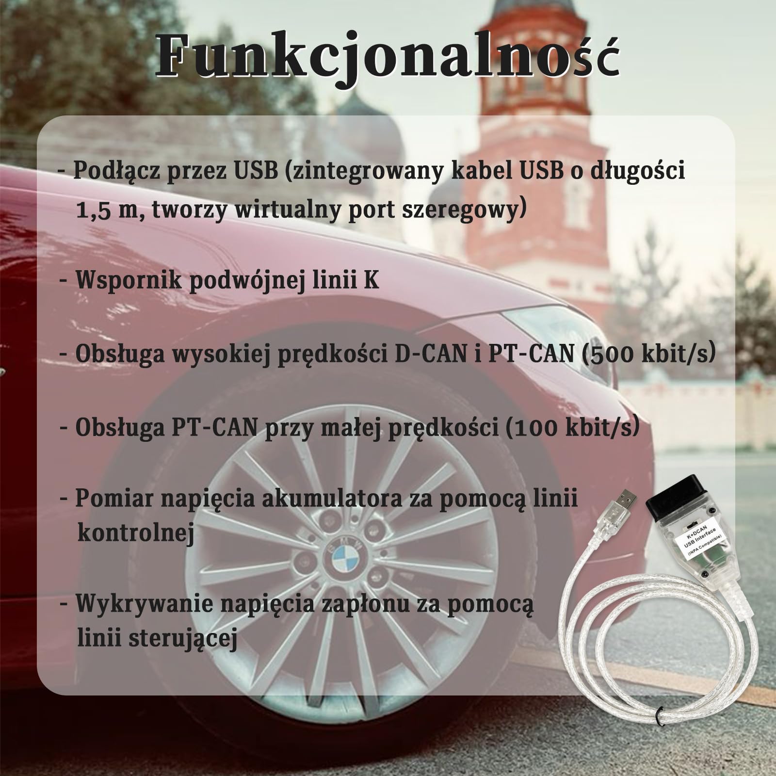 Kabel K DCAN OBD2 do USB do czytnika kodów BMW,Kabel K CAN z przełącznikiem Chip FTDI FT232RL,Kabel K Dcan do modeli BMW serii E 1998-2018 Pełne narzędzie diagnostyczne,Kompatybilny z systemem Windows
