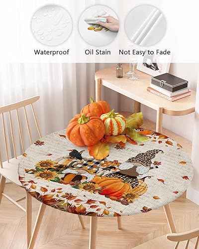 Miniatura 3 de Mantel redondo ajustable con diseño de calabazas de gnomo de Acción de Gracias para mesas de comedor, diseño de hojas de arce con diseño de girasol,