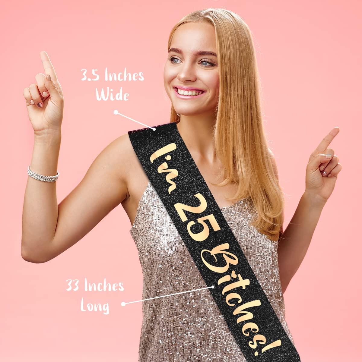 PartyForever 25th Birthday Decoration Sash for Women I'm 25 Bitches! Black 32 inch Long with Rose Gold Letters for Her