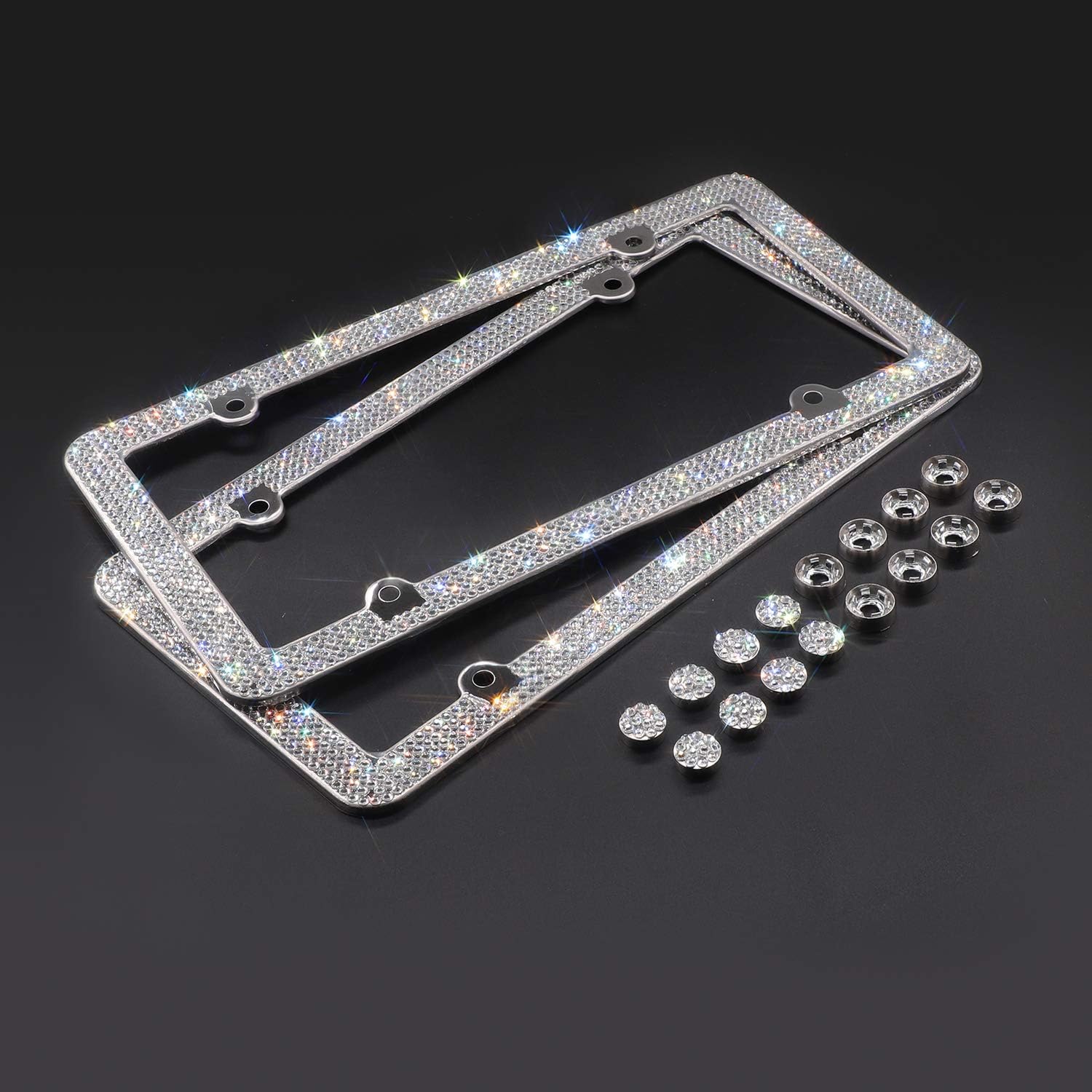 JOTOM License Plate Frame 2 Pack Rhinestone License Plate Frames Gift Box Bling Waterproof License Plate Frame SS20 Glitter Stainless Steel License Plate Frame Anti-Theft Screw Caps (4 Rows Crystal)