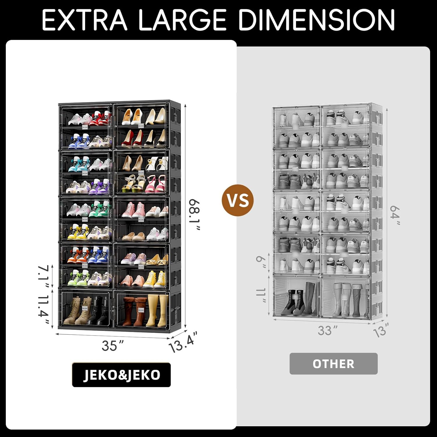 JEKOJEKO 10 Tiers Foldable Shoe Rack Organizer Cabinet for Closet Entryway, Large Collapsible Shoe Storage Box with Magnetic Doors (Black)