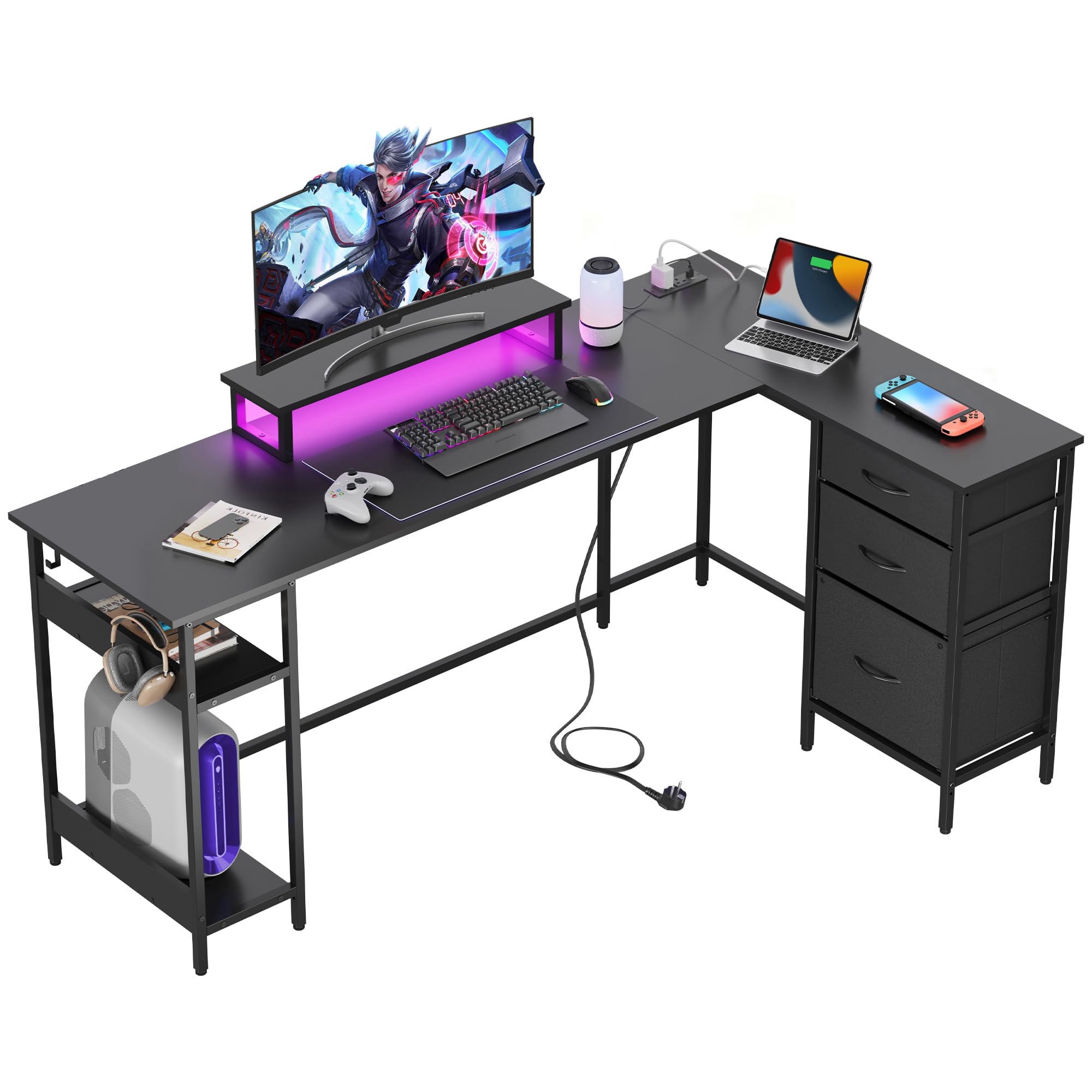 DEVAISE 168×103cm Gaming Desk, Corner Desk with Drawer, for Home Office, Black