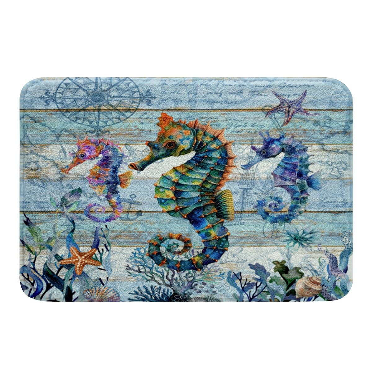 Feelyou Cute Seahorse Bathroom Rug 16"x24" Kids Ocean Creature Themed Bath Mat for Boys Girls Marine Animals Bathroom Summer Blue Ocean Themed