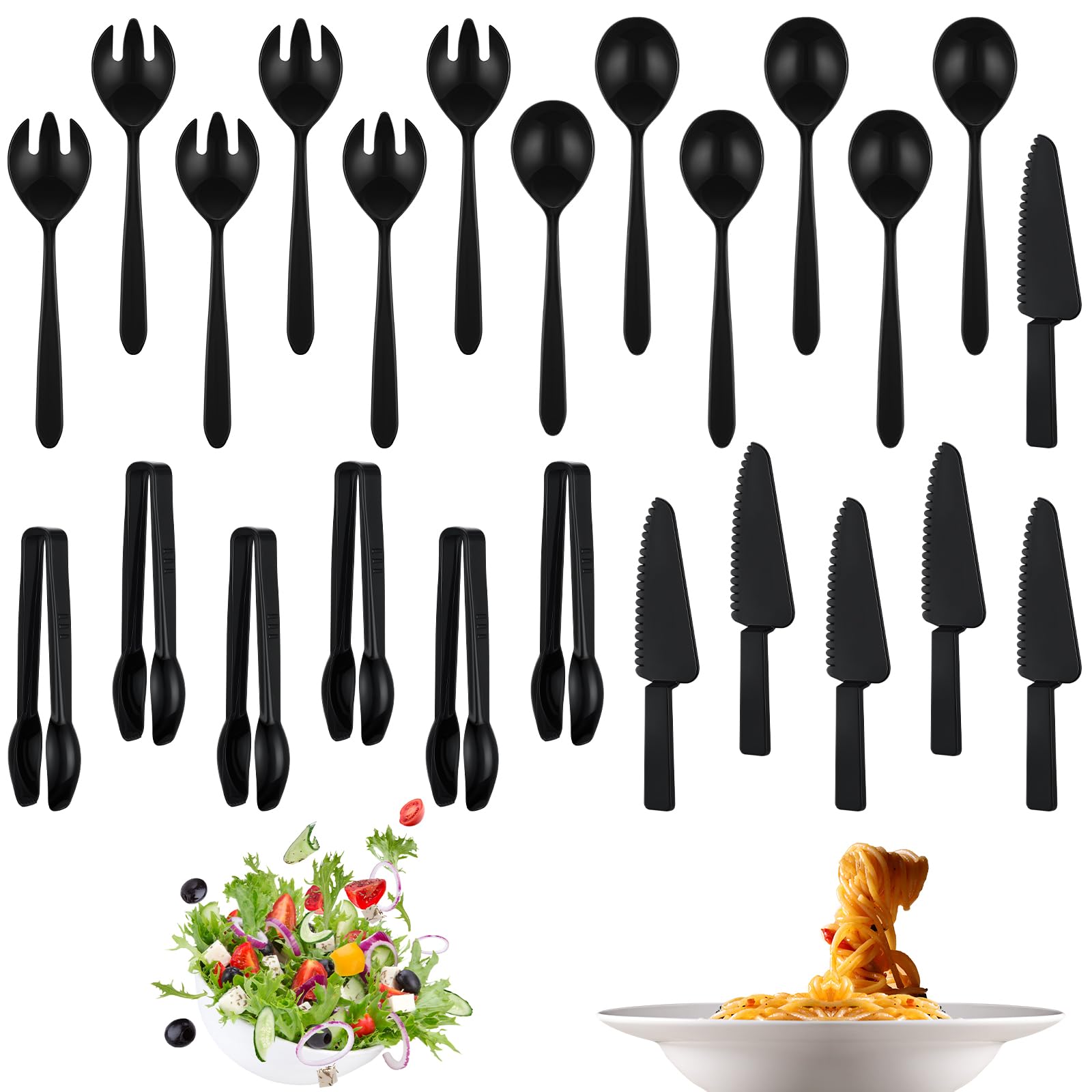 Photo 1 of ***ONLY 6 PIECES*** Lanties 24 Pcs Disposable Plastic Serving Utensils Set 6 Each 9.7" Serving Spoons Forks 9.5" Knife and 6.3" Tongs for Wedding Graduation Party Birthday Catering Buffet Supplies(Black)