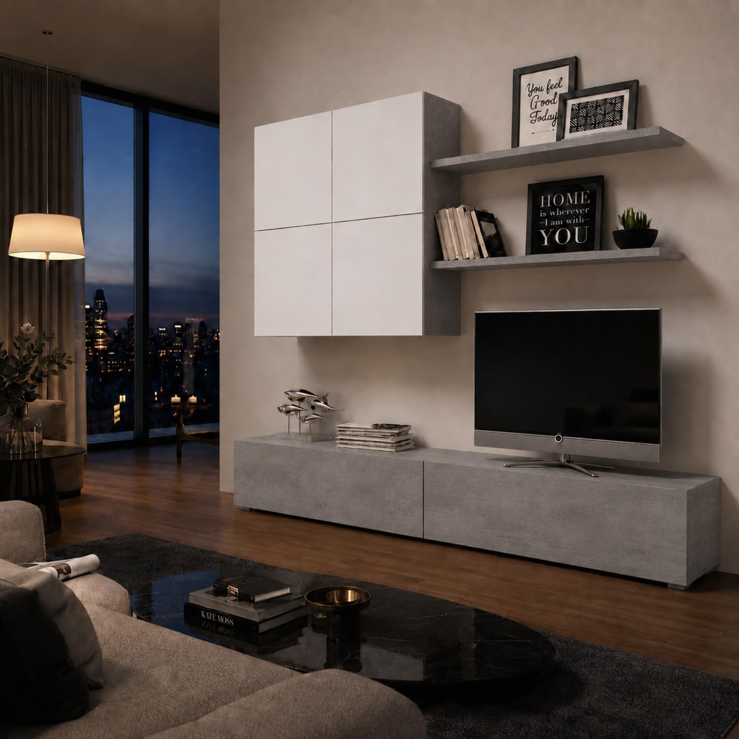 Arreditaly Parete Attrezzata Mobile Soggiorno Moderno Con Base TV 2 Ante Pensile 4 Ante e 2 Mensole Design Contemporaneo in Melaminico Facile da Pulire 200 x 194 x 40 cm Bianco e Grigio Cemento