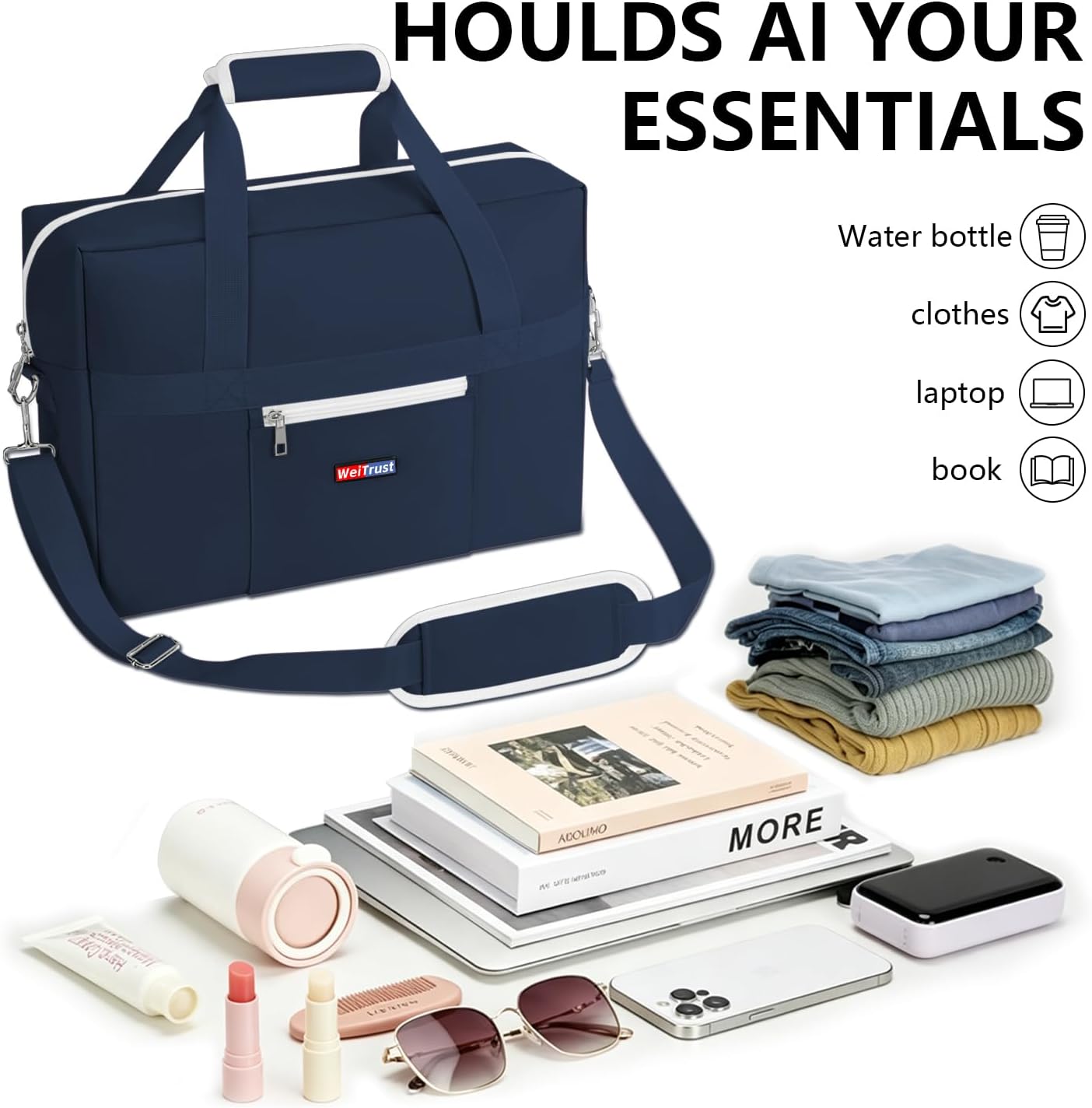 Gym Bag for Women Men, Water-Resistant Duffle Bag for Travel Sports, Lightweight Carry On Bag with Handles and Detachable Shoulder Strap (Blue)