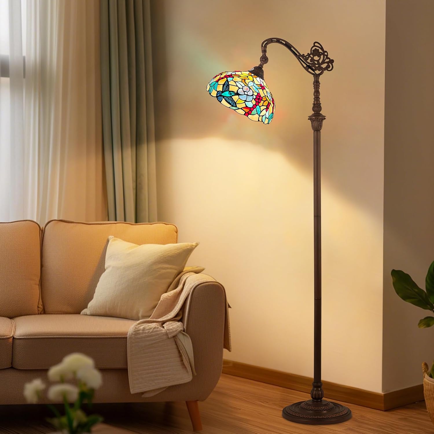 Capulina Tiffany Lamp Stained Glass Floor Lamp H62 Tall Antique Grape Soft Light Arched Adjustable Angle Tiffany Style Reading Lamp for Living Room Bedroom Study Home Office