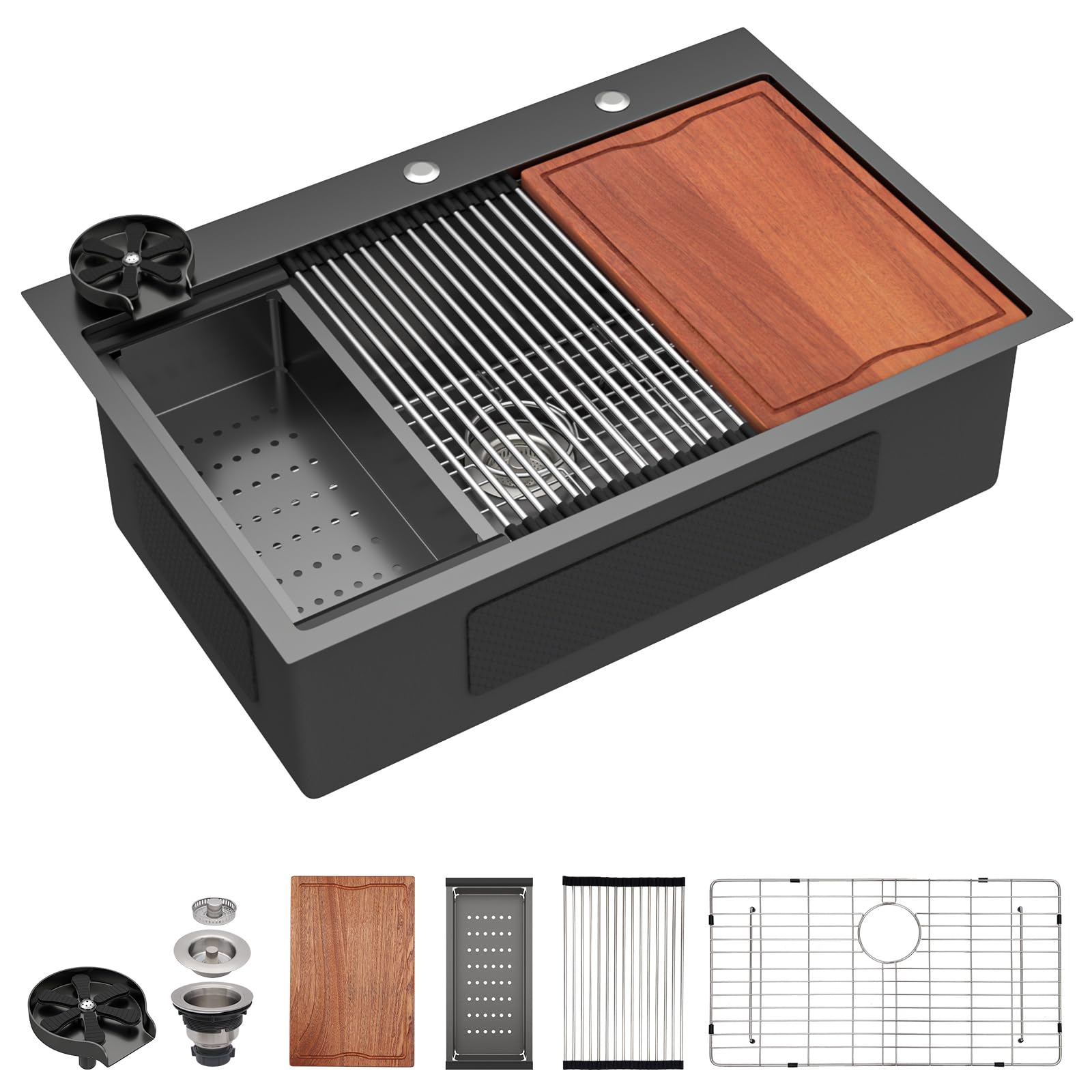Évier de cuisine noir en acier inoxydable 304 ultra résistant 16G