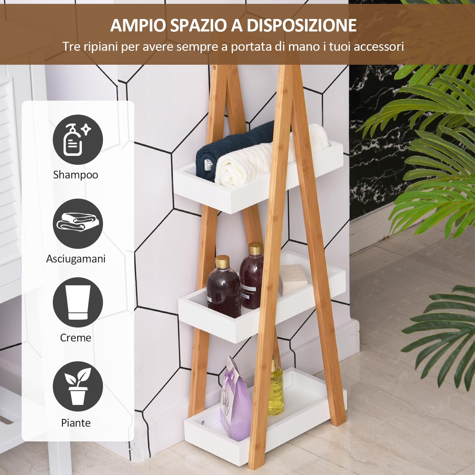 kleankin Scaffale Salvaspazio da Bagno in MDF e Bambù, Forma a Piramide con 3 Mensole, Color Legno e Bianco, 30x18x81cm