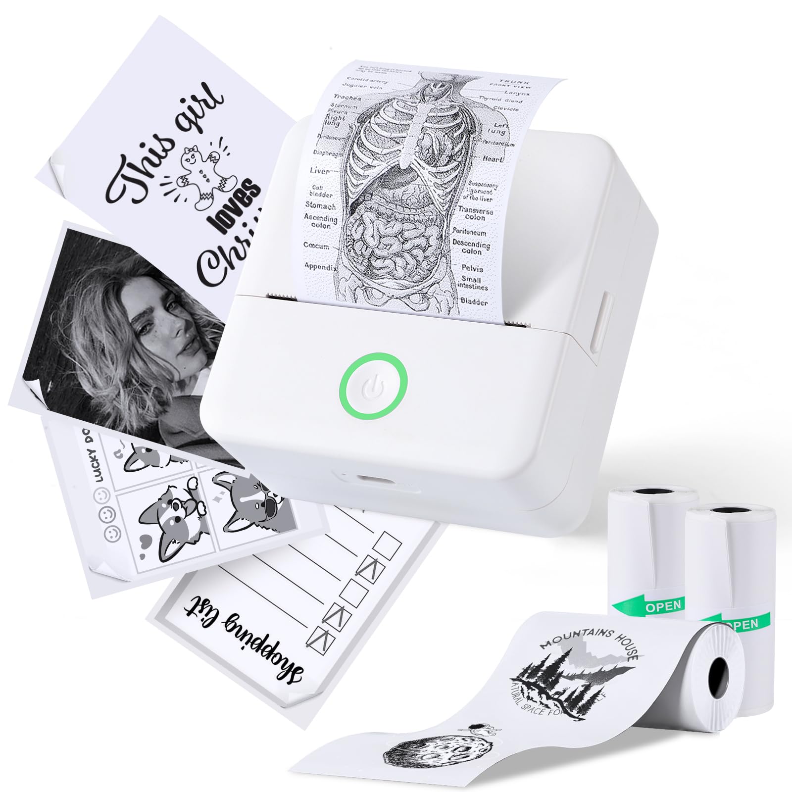 cudinham Print Pods Mini Printer, Thermal Inkless Sticker Maker with 3 Rolls Paper, Pocket Printpod for Phone, Impresora Portátil for Notes,