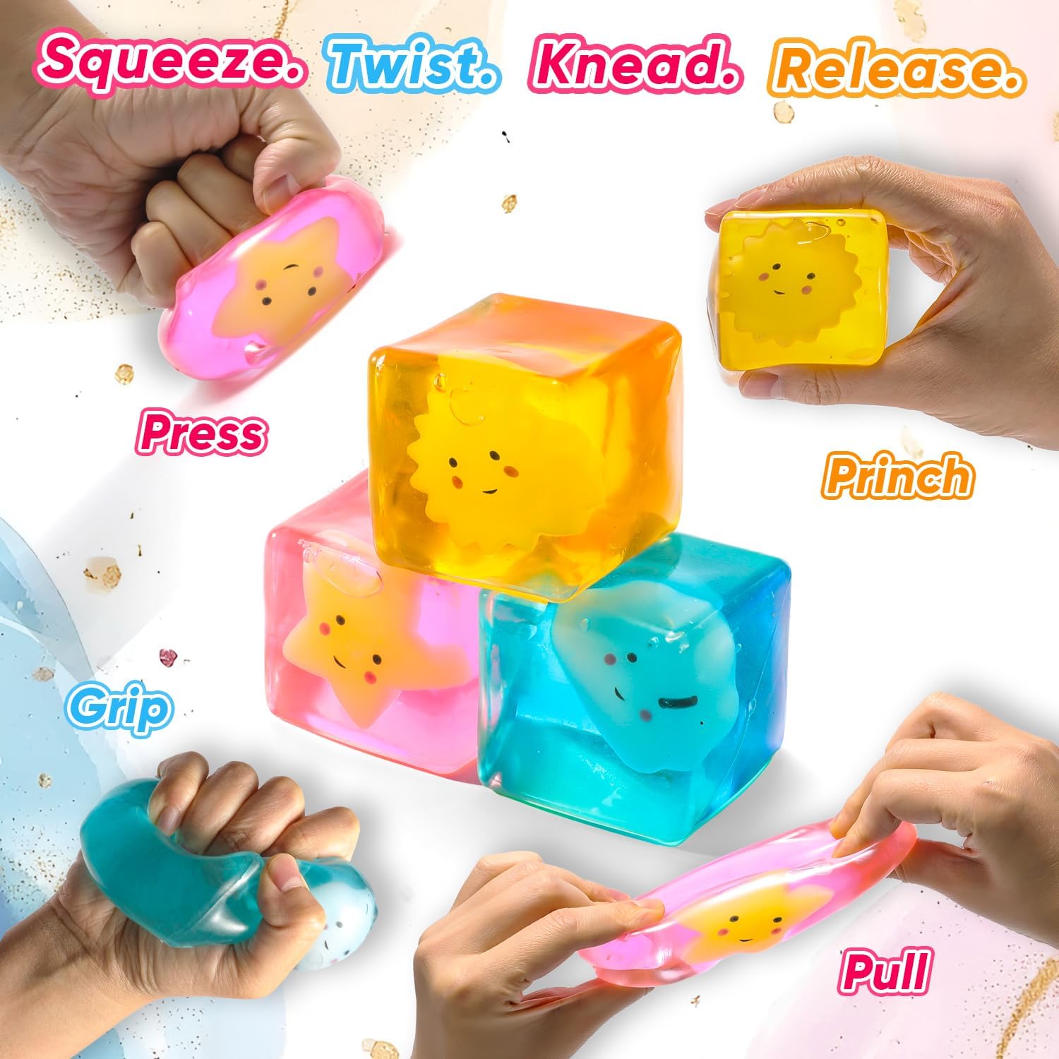 Fidget Toys, 3PCS Squishy Stress Cubes for Anxiety Stress Relief, Cloud, Sun and Star Glow in The Dark Sensory Cube Toys for Adults Kids, High Density Squeeze Ice Cubes Balls.