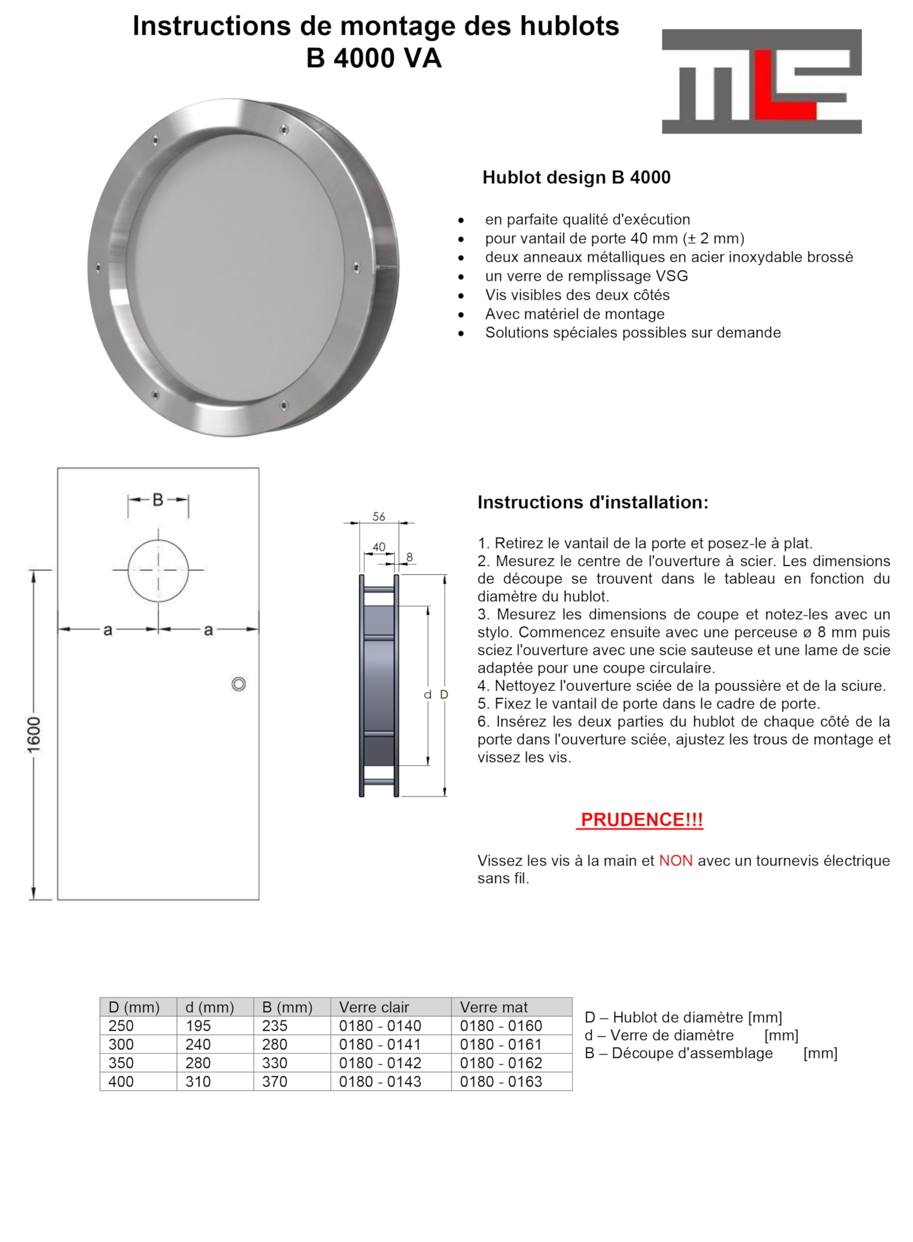 MLS Hublot B4000, Pour Portes, en Acier Inoxydable, Verre de Sécurité Feuilleté, Convient Aux Portes de 40 mm D'épaisseur, Vis de Fixation Visibles des Deux Côtés, 400 mm de Diamètre, Verre Clair