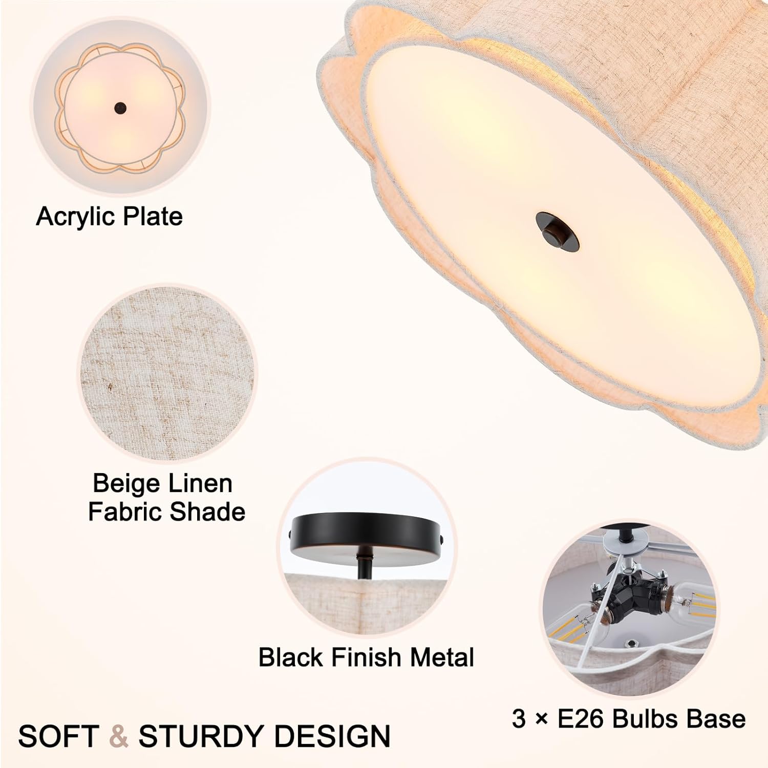 Semi Flush Mount Ceiling Light, Beige Linen Fabric Shade Ceiling Light, Black Modern Farmhouse Close to Ceiling Light for Bedroom, Hallway, Living Room, Dining Room, Laundry Room