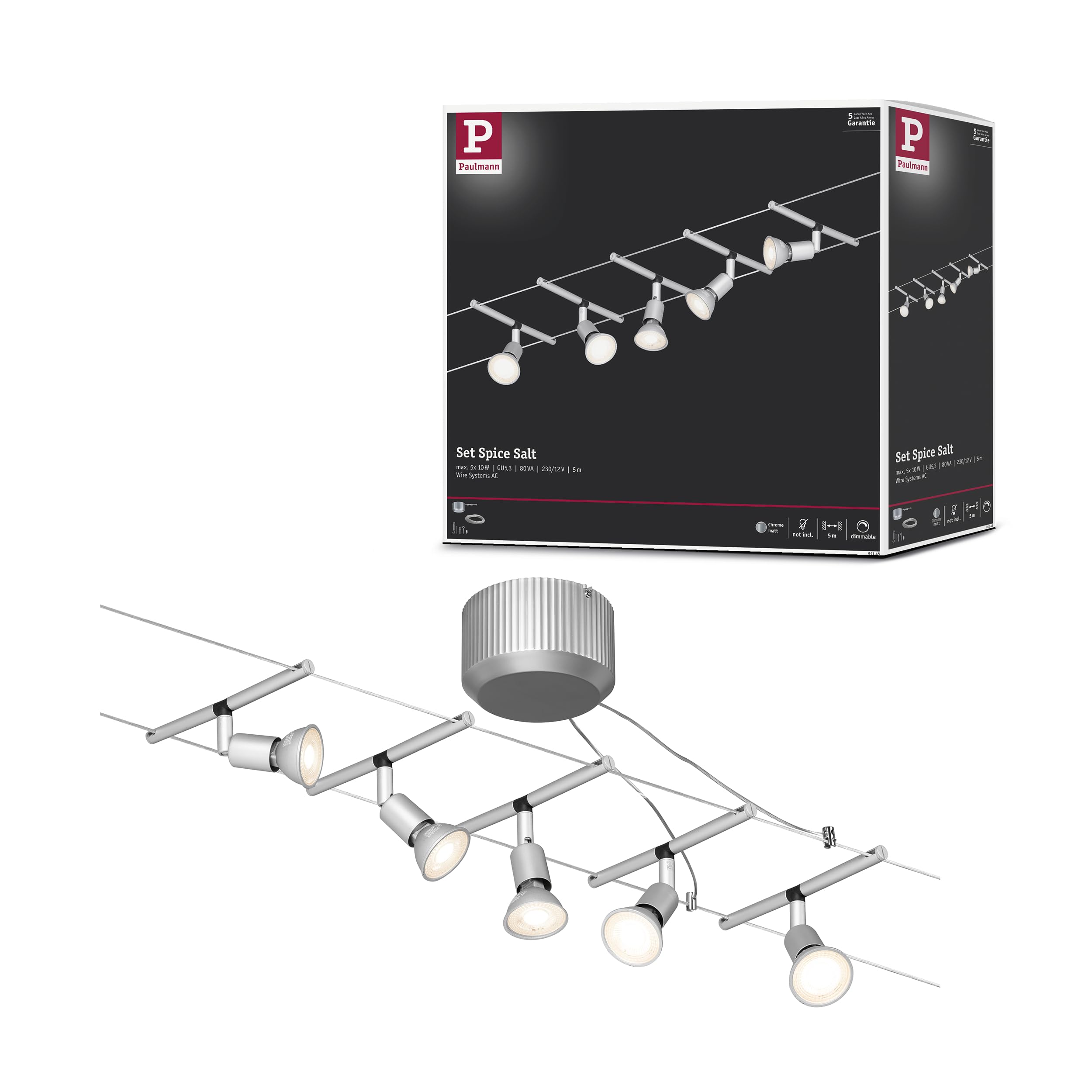 Paulmann 94145 Système de Câbles Sice Salt Set Extensible 5x10W max, Chrome Mat Système sans Ampoules