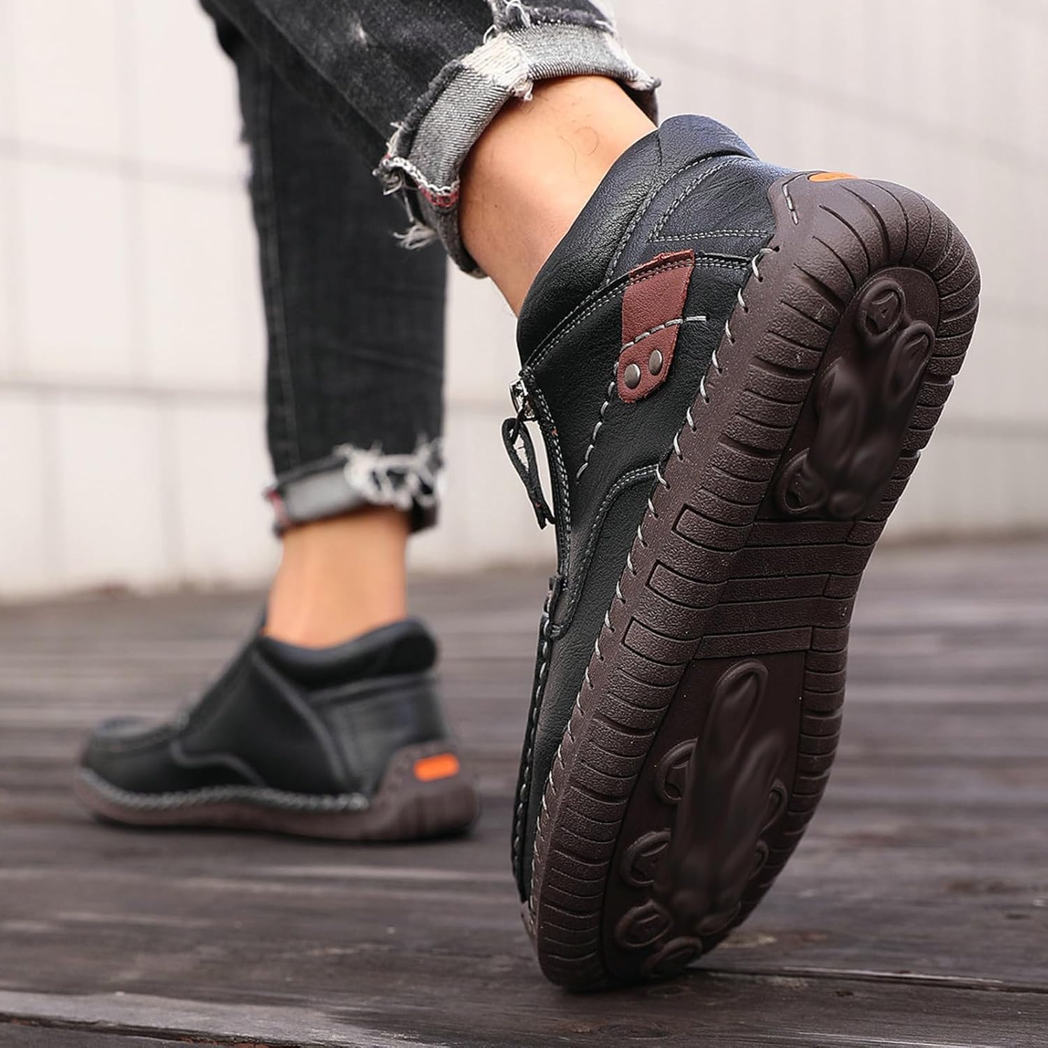 Men's Mid-top Chukka Boots,Fall Winter Fashion Vintage Leather Handmade Non-Slip Side Zip Driving Casual Dress Shoes - Image 6