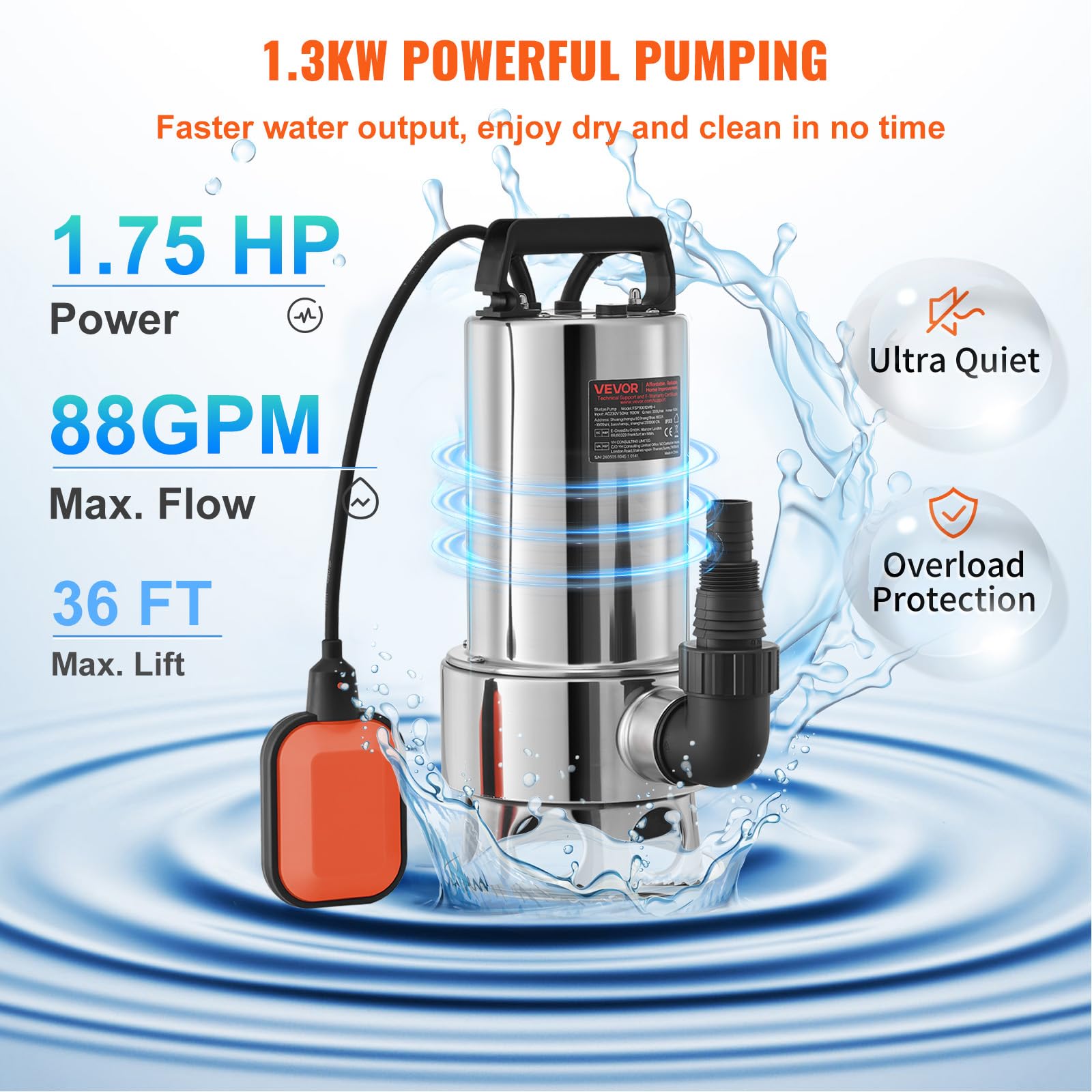 VEVOR Pompa Sommersa Elettrica da Drenaggio per Acque Sporche 1300W da Giardino Laghi Pozzo, Elettropompa a Immersione per Drenaggio di Acque Sporche Nere Scure 10A 1300W per Piscina Giardino Pozzetto