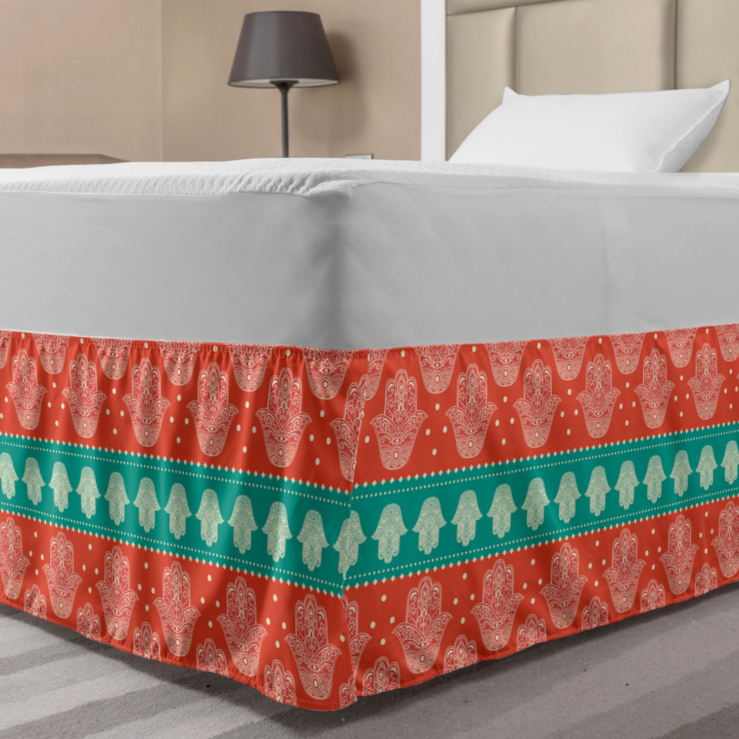 Lunarable Hamsa Bedskirt Bohemian Style Inspirational Boho Hamsa Hand Illustration Pattern Mandala Art Bedroom Decor Wrap Around Elastic