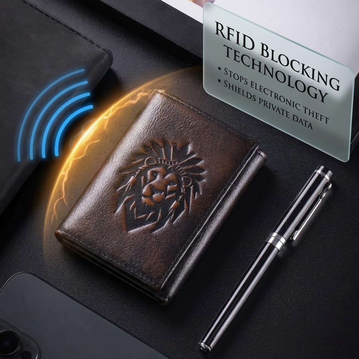 Trifold Wallets for Men RFID Blocking Full Grain Leather Short Mens Wallet with Snap Closure, 8 Card Slots, Clear ID Window, Vintage