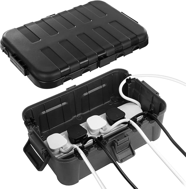 RESTMO Extra Large Weatherproof Electrical Box (32 x 22 x 13 cm), IP54 Waterproof Outdoor Extension Lead Cover, Protect Outlet, Plug, Socket, Timer, Power Strip, Holiday Light Decoration, Black