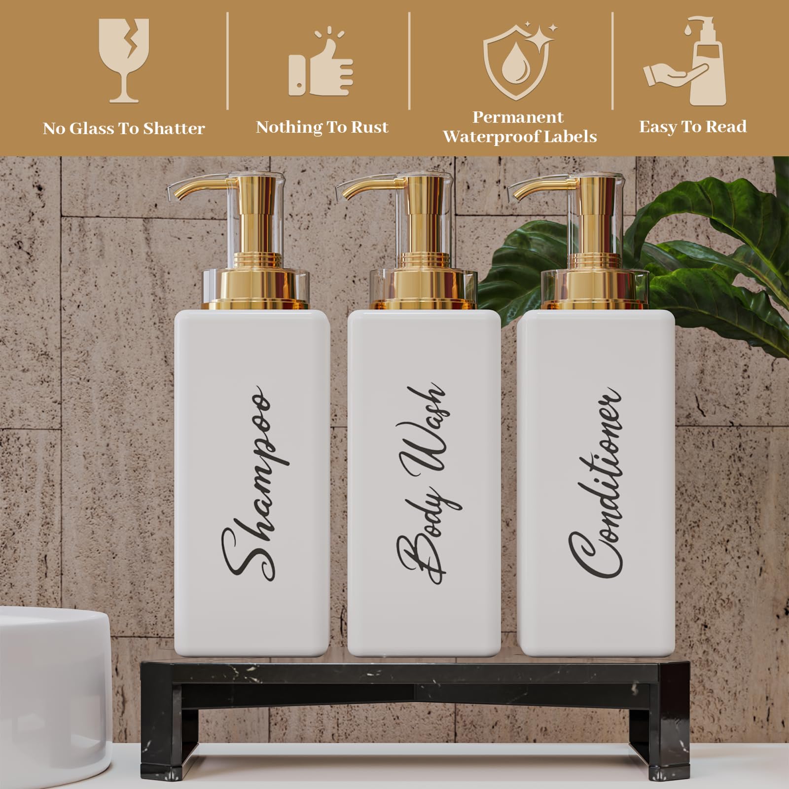 Akalin Refillable Shampoo and Conditioner Bottles, 16oz White and Gold Soap Dispenser Bathroom - Image 2