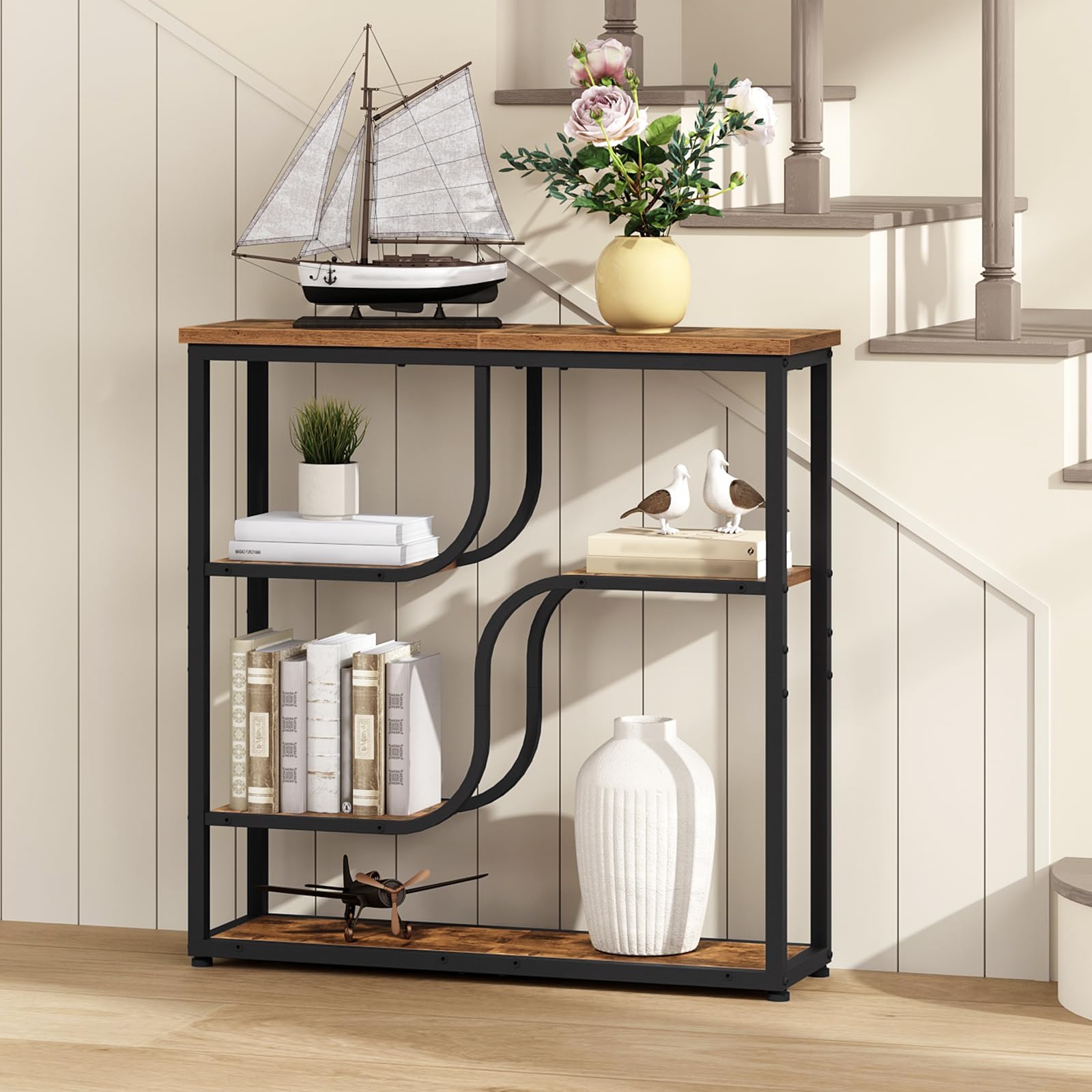 HOOBRO Console Meuble Étroite à 5 Étages, Table d’Entrée Style Industriel Rétro, pour Entrée, Salon, Couloir, Cadre en Fer et Plateau à Motifs de Bois, Marron Rustique et Noir EBF69XG01