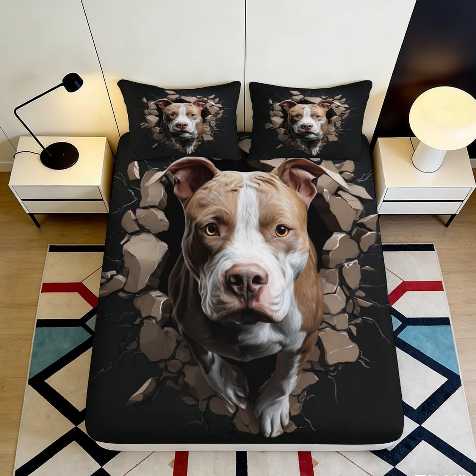 3D Printed Pitbull Dog Fitted Sheet Microfiber Soft Breathable Animal Pattern Bed Cover for Bedroom Dormitory Guest Room Mattress Protection Decor 180x200x25cm