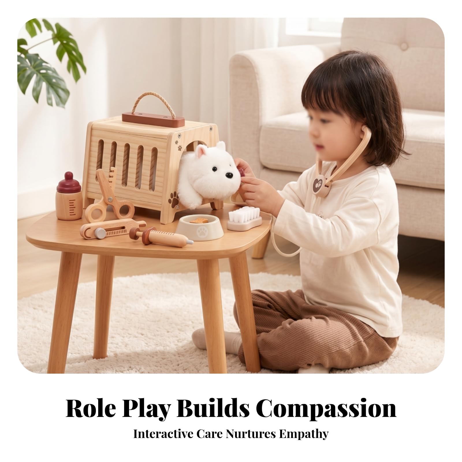 Giocattolo Veterinario Bambini Set Medico Animali Set Animali Trasportino Peluche in Legno E Peluche con Accessori Finti per Controlli E Trattamenti