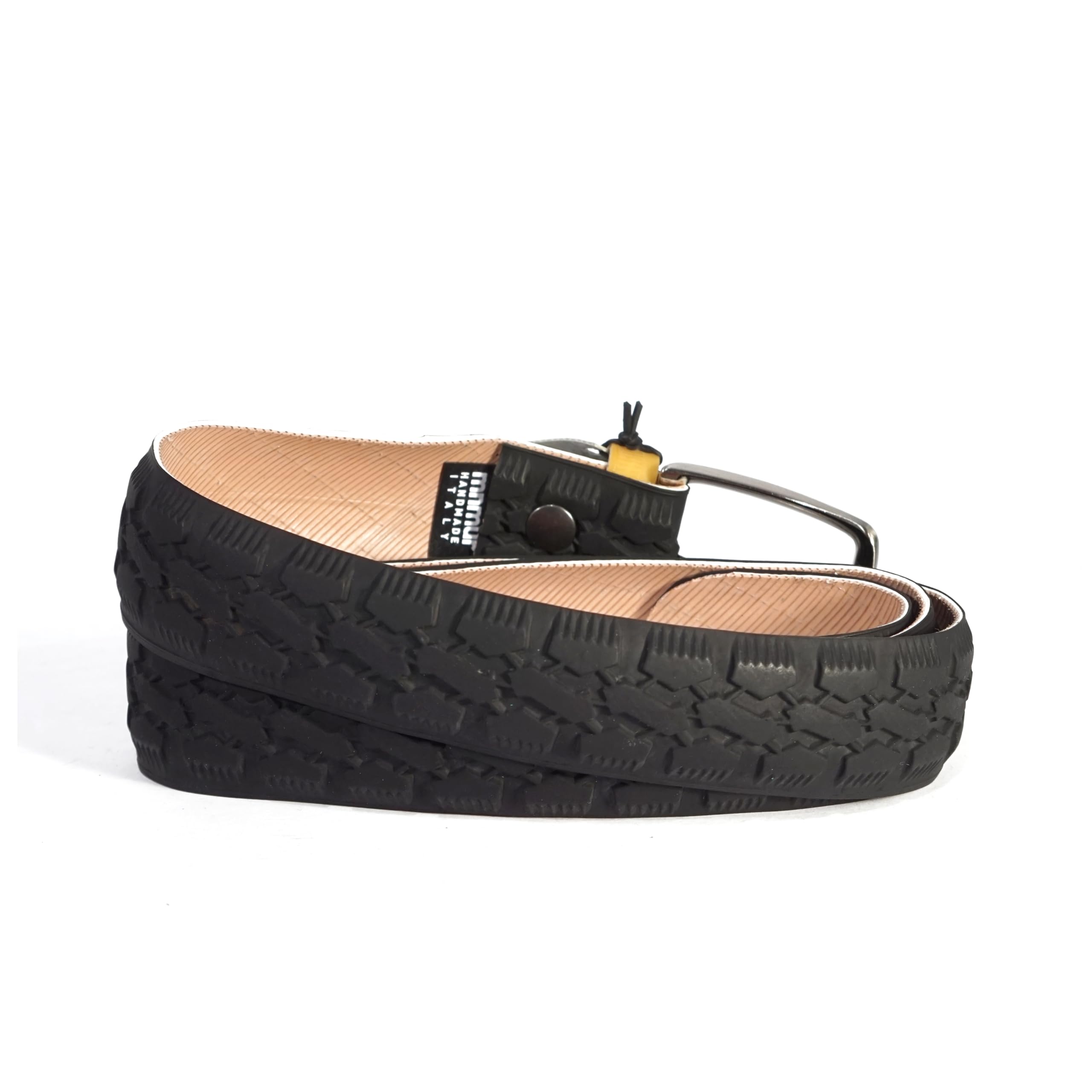 MNMUR Cintura Uomo Nera Elegante e Sottile in Tessuto Riciclato da Copertone di Bicicletta - Fatta a Mano in Italia - Taglia S/M (girovita 92.5-105 cm), Fibbia da 3,5 cm, Lunghezza 118 cm