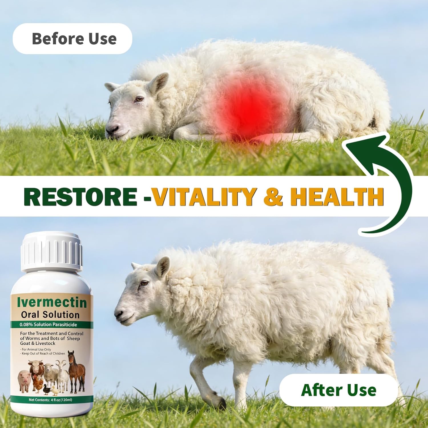 Ivermectin Liquid for Sheep, Goat, Poultry & More, Supports Gut & Digestive Health, Overall Vitality, 120mL