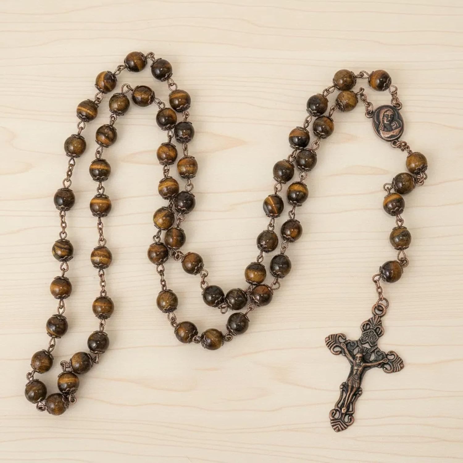 Nazareth Store Natural Stone Beads 8mm Rosary Necklace Antique Copper Design Holy Soil Medal & Cross in Velvet Bag - Catholic Rosaries Terra Santa Jerusalem Collection - Image 3
