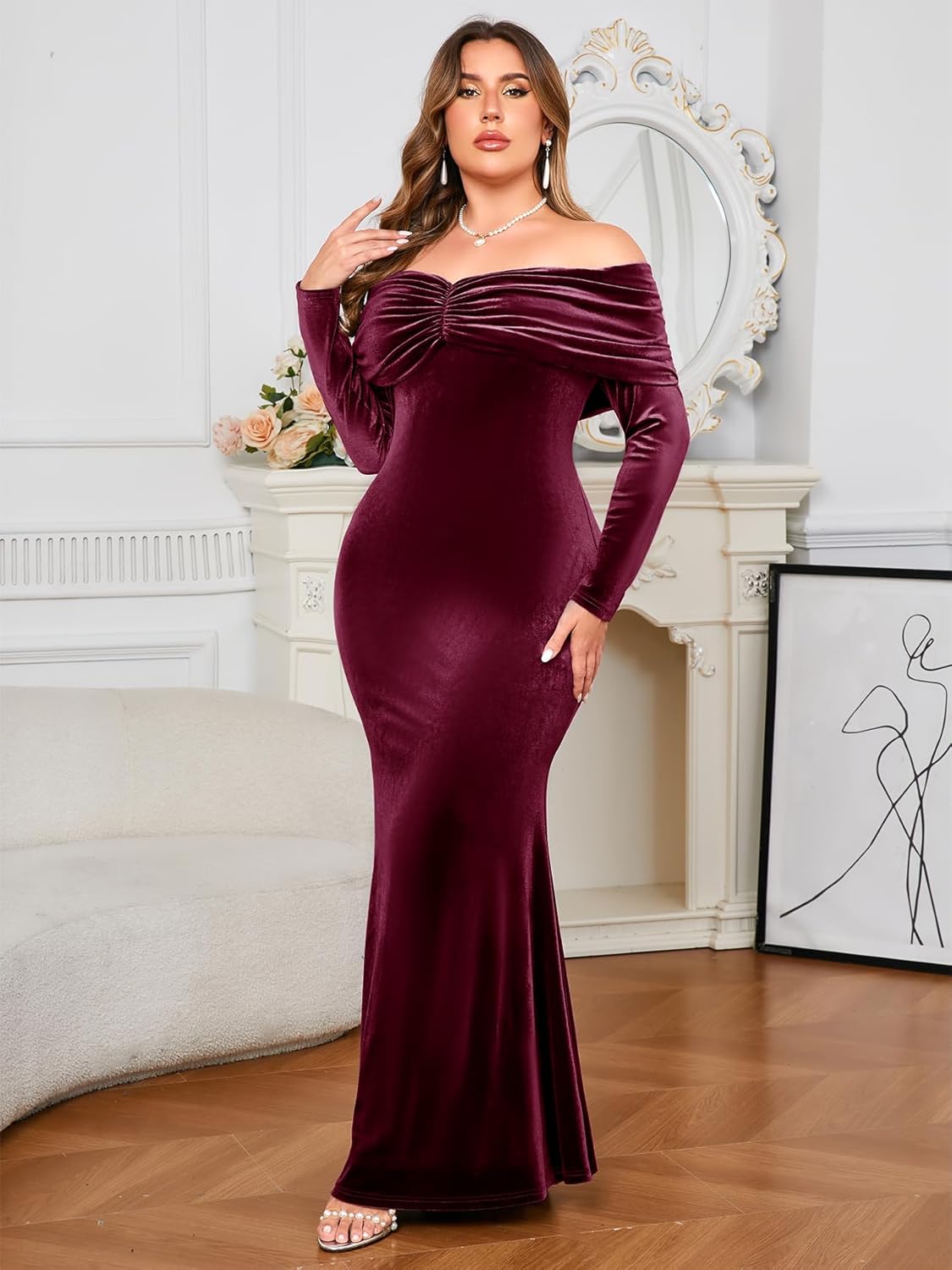 ZOMVA Plus Size Off Shoulder Velvet Dress Long Sleeve Mermaid Bodycon Maxi Evening Gown for Cocktail Party Wedding Guest - Image 3
