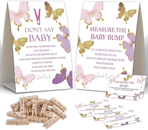 Juego de 2 mariposas para baby shower, no digas juegos de pinzas para la ropa, mide la protuberancia, decoraciones de baby shower, juego de baby