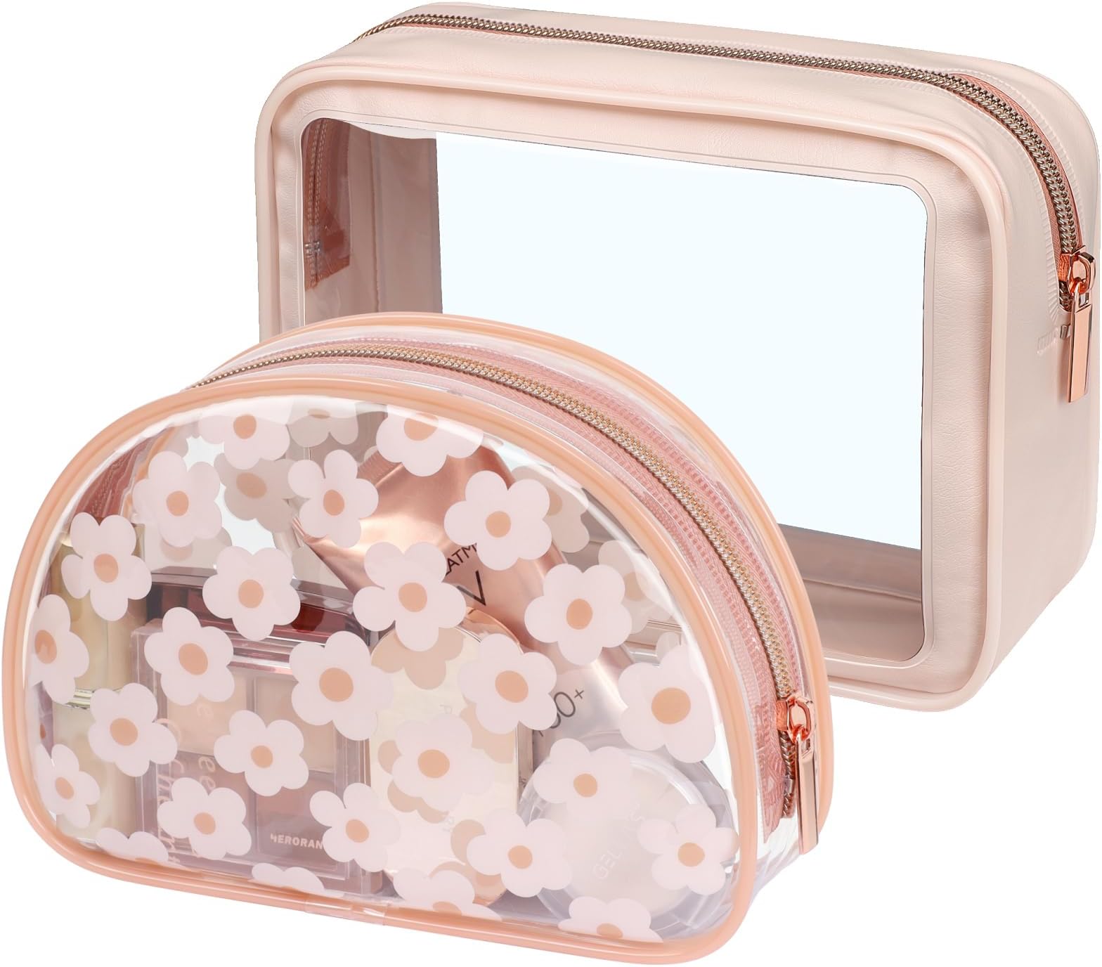Clear Makeup Bag - TSA Approved Toiletry Bag for Carry-on & Checked Luggage, Water Resistant Car Storage Organizer with Reinforced Seams, 2 Pack Pink Floral Print, Hybrid Traveler (1 Large & 1