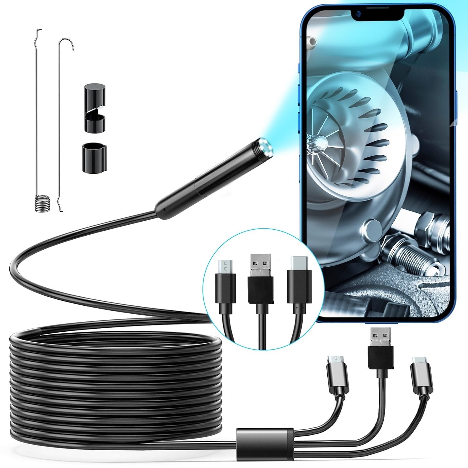 krlz endoscope camera with light, 1280p hd inspection camera, ip67 waterproof borescope with semi-rigid 16.4ft cable & 6 leds for drain plumbing, automotive engine, compatible with android smartphones
